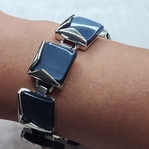 Charel Vintage 50s Smoky Gray/Navy Square Thermoset Silver Bracelet